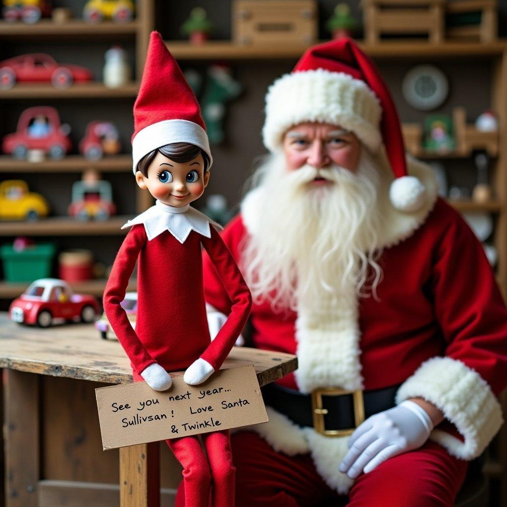 Elf on the shelf in red outfit holding a sign. Santa is also present. Scene set in a toy workshop with toy cars in the background.