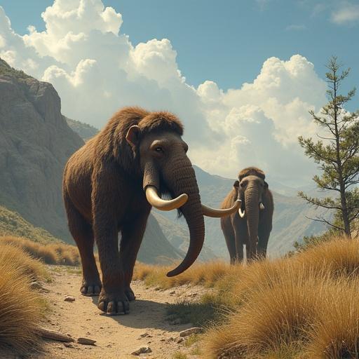 Mammoths moving along a trail in a rugged landscape. Natural setting with hills and greenery. Two large creatures with tusks visible. Clear sky and soft clouds in the background.