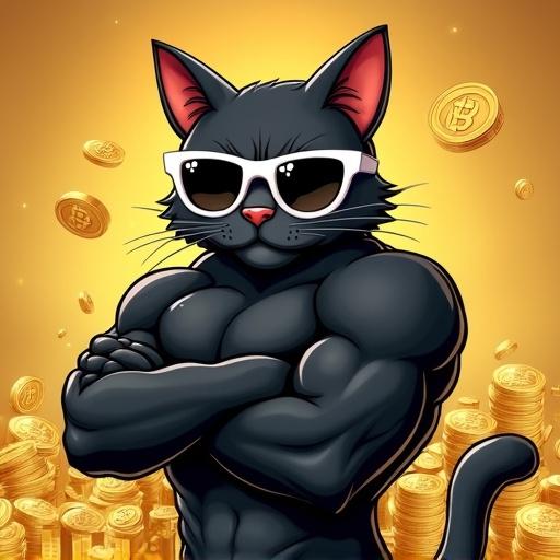 Meme coin theme featuring a muscular black cat with a serious expression and white sunglasses. Background filled with golden nuggets.
