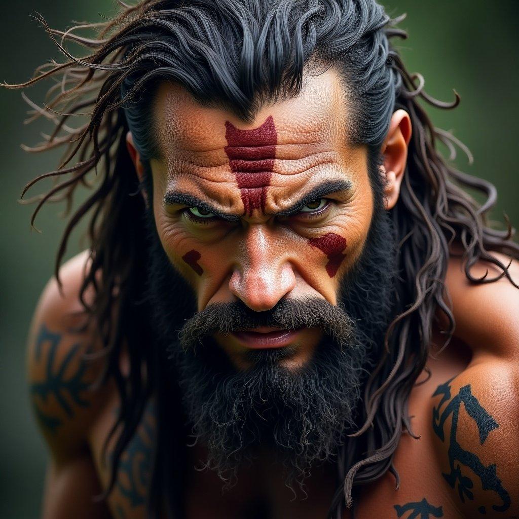 Face portrait of a barbarian with strong facial features. Bold tribal markings on the face. Long, flowing hair and a thick beard. Intense gaze and muscular build. Outdoors environment in the background.