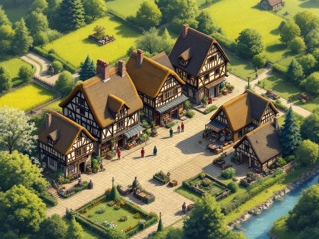 Isometric view of a picturesque medieval town. Town center features two-story half-timbered houses with thatched roofs. Ground floors host artisan shops and craft businesses. Outer buildings are workshops of blacksmiths and carpenters. Surrounded by lush fields in spring with colorful flowers. Town bordered by meadows and forests. Evokes tranquil rural charm.