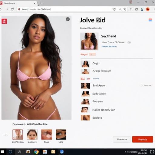 Displays a realistic image of a topless woman showing torso and features. Smaller images indicate attributes such as 'Sex friend','Latina origin','Innocent soul','Age 25','Average chest','Large buttocks','Large breasts','Green eyes','Bun hairstyle' and 'Brunette hair'. Buttons for 'Previous' and 'Bring my AI to life' are present. Weather shows 33°C and time is 15:27 on 07-05-2025.