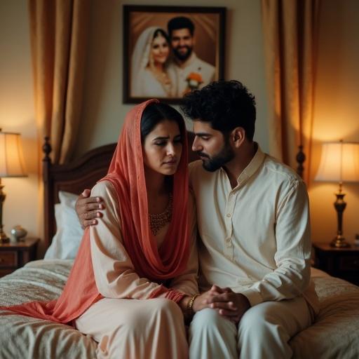 Wealthy Pakistani couple in luxurious bedroom. Wife appears sad in traditional shalwar kameez with dupatta. Husband comforts her, showing emotional support. Room is elegantly decorated with soft warm lighting. Framed wedding photo on wall shows joyful moment of couple in festive attire. Contrast between their current sorrow and past joy.