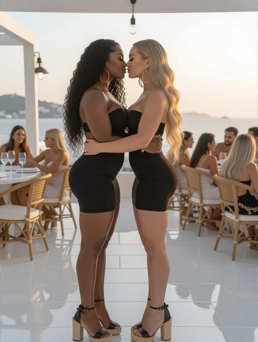 Two bodybuilder women embrace and kiss. One woman has black curly hair. The other woman has blonde wavy hair. They wear tight black dresses and platform heels. The scene is a cocktail bar in Mykonos at sunrise. People dance in the background.