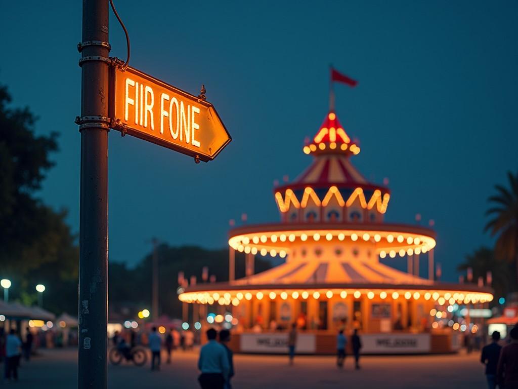 This image captures a vibrant nighttime scene at an outdoor fairground in Bangalore, India. A stylized street sign reading 'FIR FONE' stands prominently on a pole, directing visitors. In the background, a beautifully illuminated carousel spins, adorned with bright lights in warm colors. The atmosphere is lively and inviting, filled with the excitement of fairground attractions. The photograph is high resolution, allowing the details of the sign and carousel to shine. It is inspired by Jacques-François Ochard's artistic style, featuring bold outlines that enhance its visual appeal.