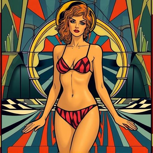 This image features an Art Deco goddess in a bikini surrounded by geometric patterns and optical illusions. The colors resemble stained glass, blending elements of op art and surrealism.