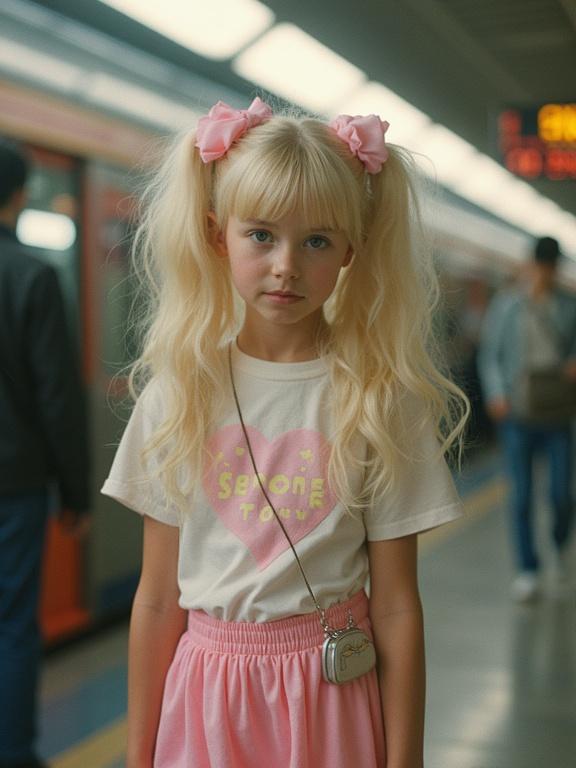 Young blonde girl at a train station wearing a micro skirt with lush twin tails and pink bows. Background shows train station with blurred passengers. Cellphone photo with low resolution and over-saturated colors.