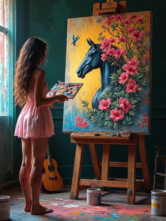 Beautiful woman painting on canvas in a paint-stained room. Black horse's head on the canvas surrounded by flowers. Woman dressed in a short transparent dress, hands covered in paint. Multi-colored paint boxes and cans on the floor. Light streaming in from a window, guitars in the air. Entire scene reflecting artistry and creativity.