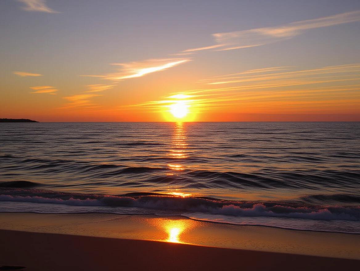 A sunset spans across the ocean. The sky displays vivid orange and pink hues. The sun sinks into the horizon. Waves softly ripple towards the beach. The water reflects warm colors.