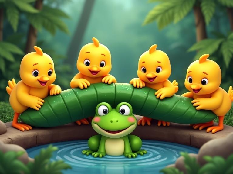Five cheerful chicks place large green leaves over a small pond. Happy green frog sits in the water. Jungle background is animated and colorful.