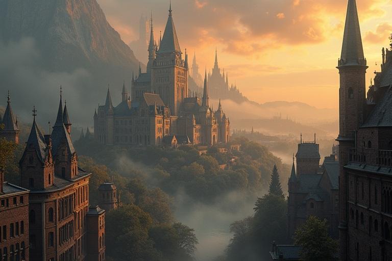 Image depicts a magical antique city landscape. A grand castle rises in the middle of the scene. Surrounded by mountains. Soft mist envelops the city. Warm sunset colors light up the sky. It captures a dreamy and enchanting atmosphere. The architecture reflects a fairy tale aesthetic. Perfect for fantasy themes.