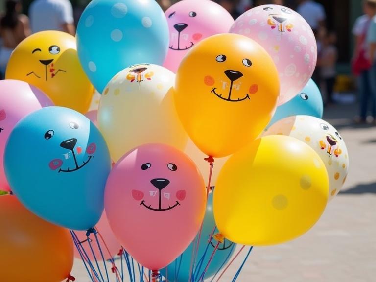 Photograph of colorful cluster of inflatable balloons with cartoon animal faces. Balloons are bright in colors such as blue, yellow, pink, and clear with polka dots. Cheerful expressions with large, round eyes and smiles. Balloons tied with blue strings. Sunny outdoor setting is in the background.