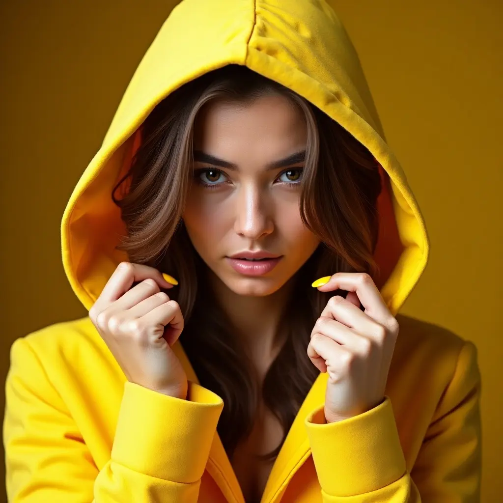 A woman wearing a bright yellow hooded outfit. The hood is pulled over her head. She is holding her hands up to her face, showcasing matching nail polish. The background is a solid yellow color, creating a vibrant atmosphere.