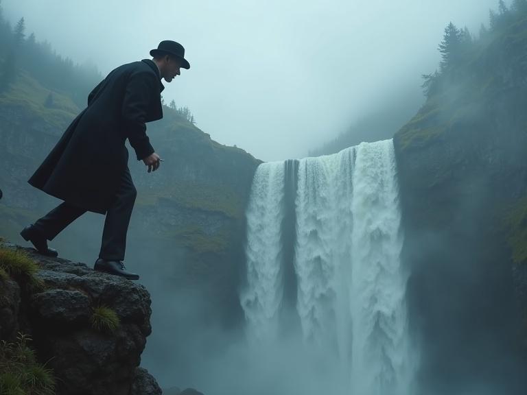 A dramatic confrontation at Reichenbach Falls. Sherlock Holmes and Professor Moriarty are in a fight on a rocky ledge. Misty surroundings with fog and water cascade. Victorian-era clothing enhances the scene. The atmosphere is suspenseful and tense, highlighting their rivalry's peak.
