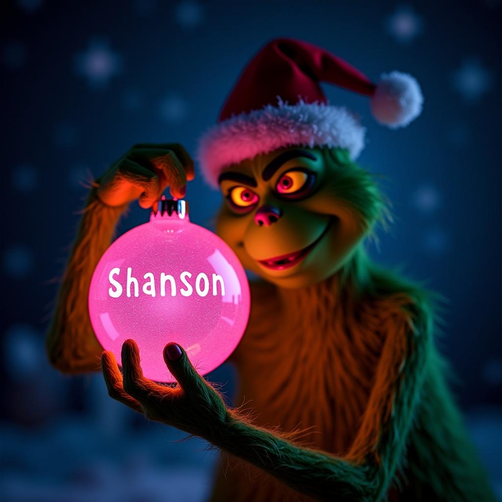 Grinch character holds pink glow in the dark ornament. Ornament has name Shannon written on it. Background features stars and wintery elements.