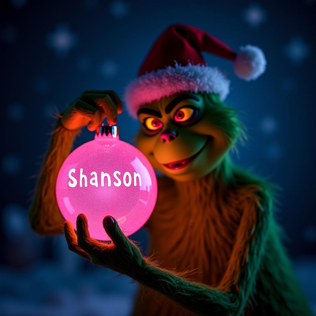 Grinch character holds pink glow in the dark ornament. Ornament has name Shannon written on it. Background features stars and wintery elements.