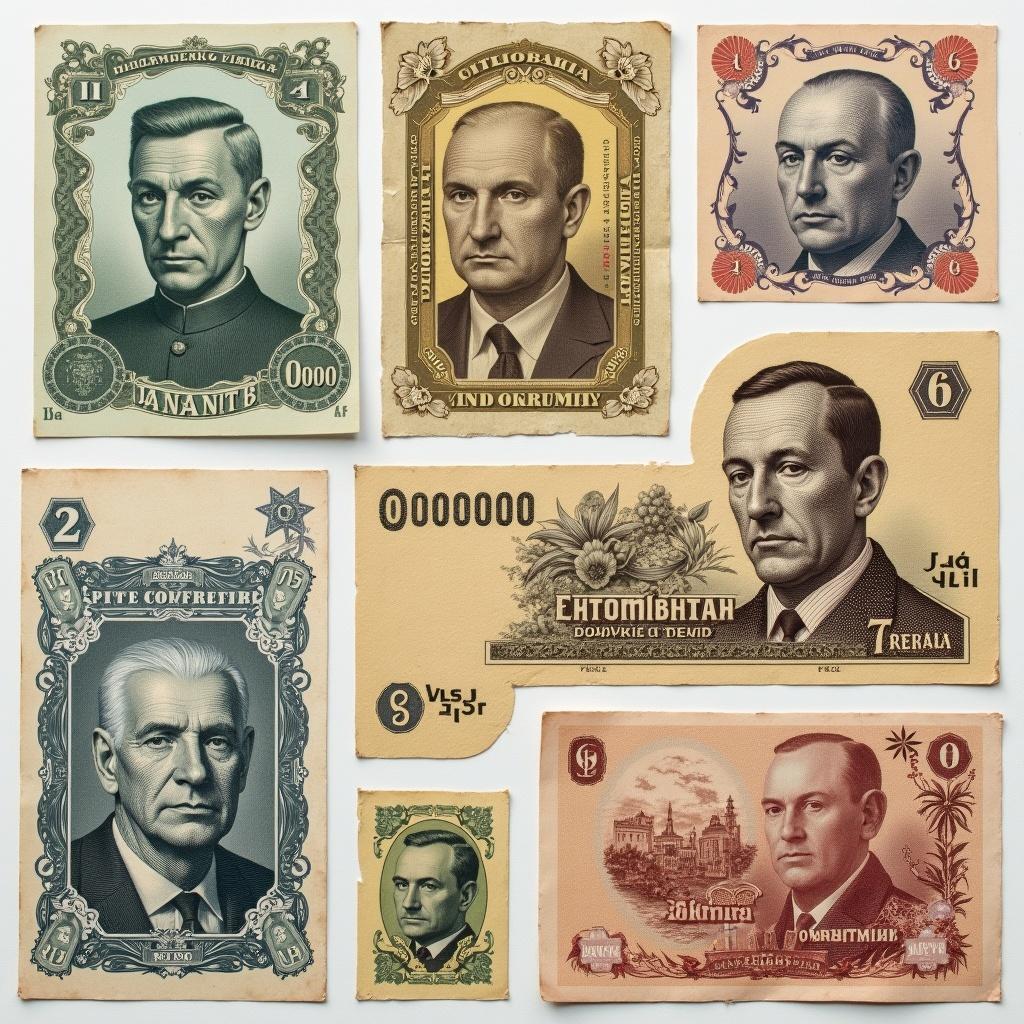 Display of various post-Soviet currency bills featuring male portraits. Notable details and designs associated with the era. Arranged artfully to show diversity in shapes and colors.