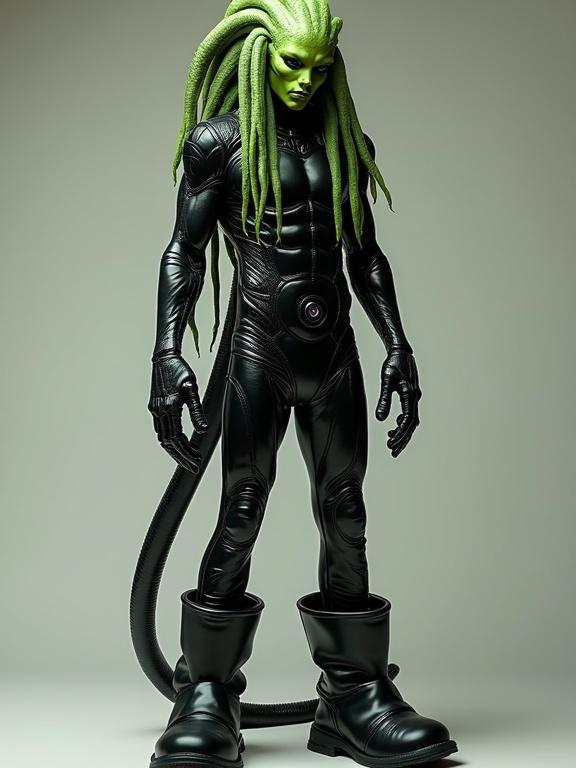 A full body portrait of a humanoid alien with masculine features. Slimy viridian skin and black eyes. Tentacles form dreadlocks. Very tall stature. Wearing a shiny skintight black latex suit and large boots. Muscular yet lean. Frog-like fingers.