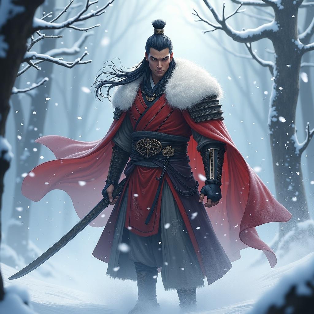 A warrior stands in the snow wearing traditional attire. The character has a sword and long hair, surrounded by a wintry forest. The setting is serene with falling snowflakes and dramatic lighting.