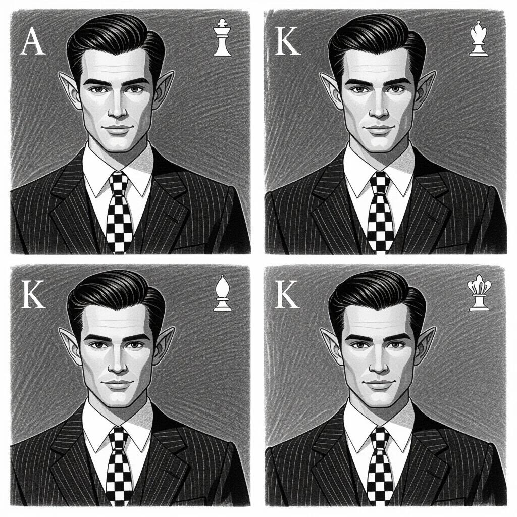 Four panels. Each panel displays a black and white pencil drawing. An elf dressed in a suit appears. The tie features a chessboard pattern.