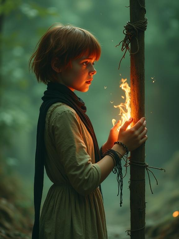 A teen girl with short auburn hair stands in a forest. Smooth pale skin with freckles illuminated by green fire in her hands. Wearing a tattered dress, tears streaming down her face. A thin black scarf drapes around her neck. The atmosphere is ethereal and mystical.
