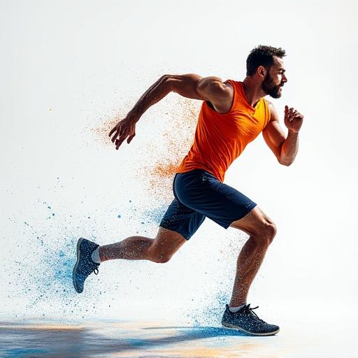 Image depicts a male athlete in an orange tank top running energetically with a splash effect around. The individual is captured in motion showcasing a running pose.