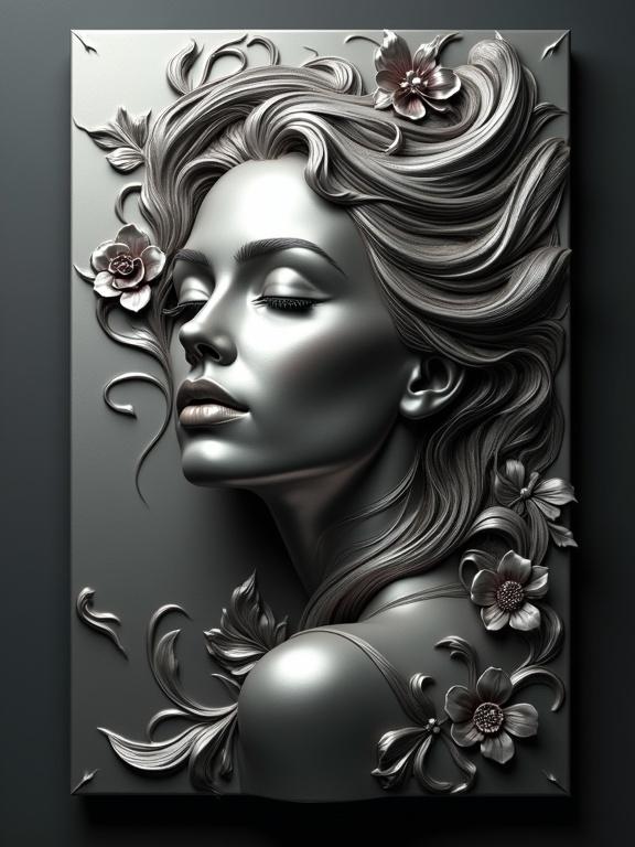 Polished 3D rendering of an elegant woman's face embossed onto a stainless steel plate. Serene expression highlighted by diffused metallic light. Abstract floral design flows into sculpted hair. Background has a gradient of deep charcoal gray.