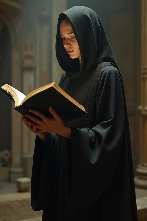 A woman dressed in ritual robes stands reading a black book. The surroundings hint at a serene yet mysterious environment. The book absorbs light, evoking a sense of magic and mystery.