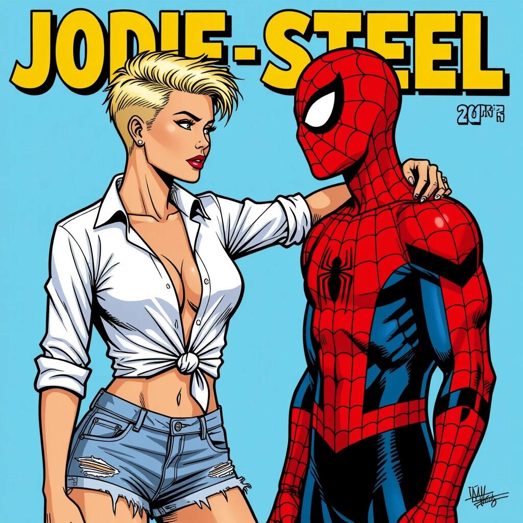 Image features a confident young woman standing face-to-face with Spider-Man. The woman has stylish hair and is dressed in a knotted white shirt and ripped denim shorts. Strong contour lines and photorealistic colors enhance the comic-strip effect.