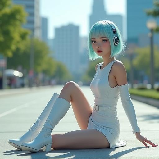 Detailed depiction of a young woman from outer space. She has shiny skin and wears a sleek white futuristic dress. Light blue bob hair and a tiny headset. Seated on the ground in a park in suburban Tokyo with a spaceship in the background. Sunlight shining on her, casting a shadow behind her.