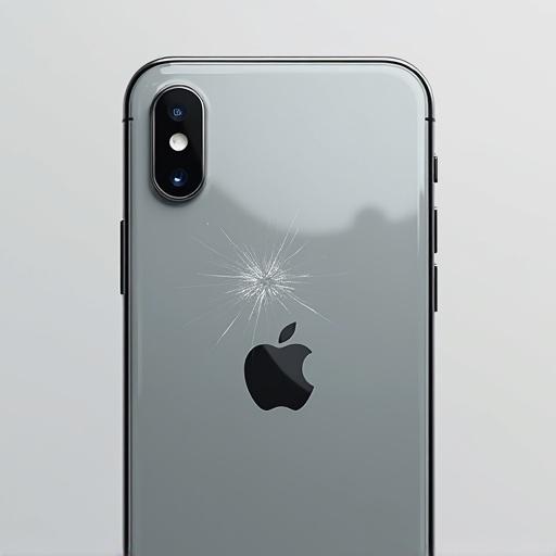 Realistic close-up of back of an iPhone XS. Centered in frame. Dual vertical camera on top left. Apple logo in middle. Reflective glass surface. Minor scratch marks in center. Texture and damage highlighted by lighting. Neutral background. High resolution.