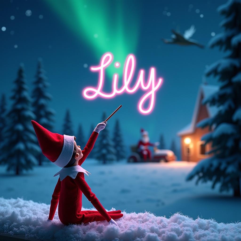 Enchanting Christmas scene with elf on the shelf. Elf sits with back to viewers, gazing upwards. Elf uses wand to write 'Lily' in night sky. Beautiful northern lights in background along with distant Santa Claus. Snow blankets ground, creating serene winter wonderland. Magical moment captures holiday joy.