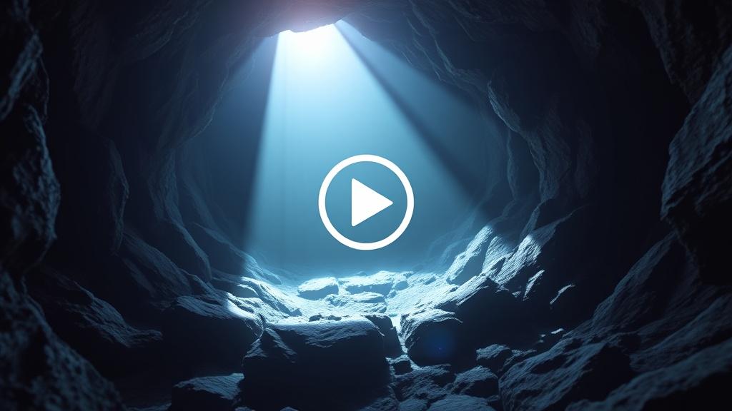 The image depicts a mystical cave with a natural opening above, allowing a beam of light to cascade into the cavern. The interior is illuminated with a soft blue glow, highlighting the rough textures of the cave walls and floor. This serene and mysterious scene evokes a sense of exploration and discovery.