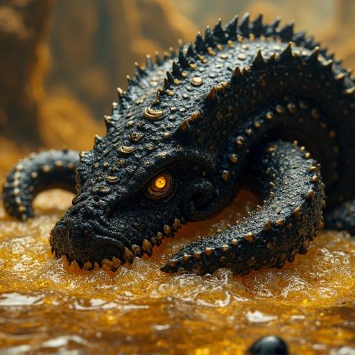Huge kraken made of black gold is squirming in a lake of molten gold. Limited colors are black and gold.