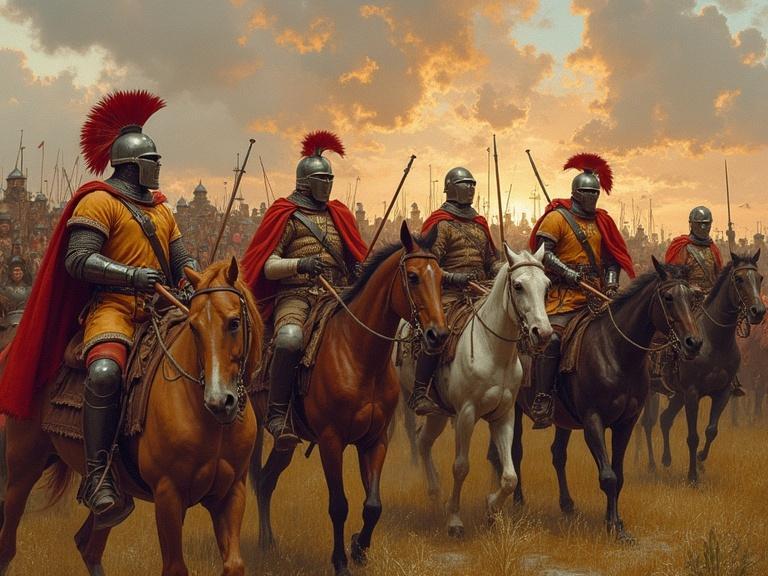 In the first century warriors ride horses wearing armor with feathers and symbols. The scene captures a historical moment with a sunset backdrop.