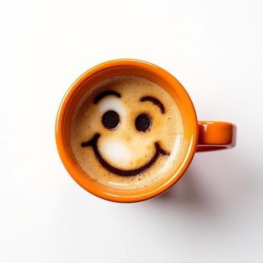 Orange mug contains coffee. Foam creates a smiling face. White background accentuates the colors.