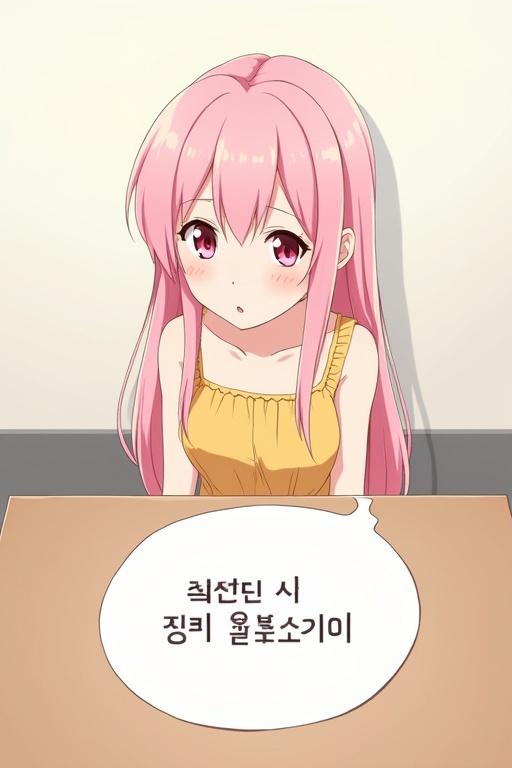 High angle view of a girl with pink hair and pink eyes sitting at a desk. She wears a yellow dress and looks surprised. A chat bubble with Korean text appears in front of her. Background is minimalistic and emphasizes the character.