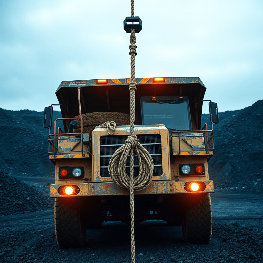 A large dump truck is parked on an industrial site, with a rope hanging in front of it.