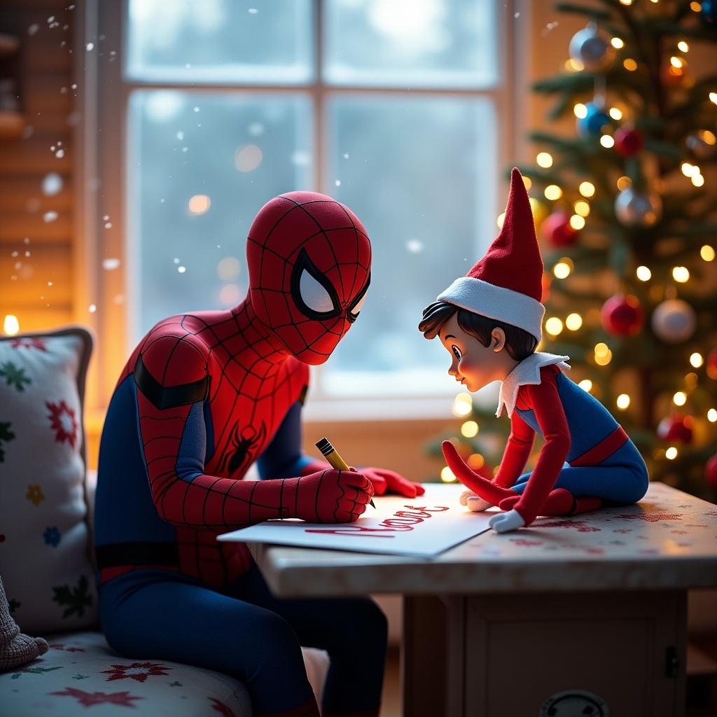 Spider-Man writing the name 'Morgan' with an elf in a Christmas setting. Cozy interior with soft lighting. Interaction between characters emphasizes the festive theme.