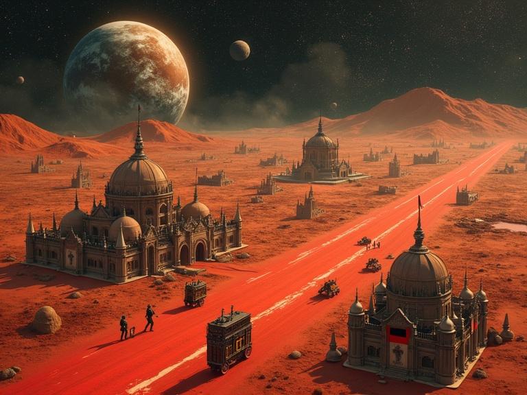 1914 world map centered on Germany. Bright red line from Berlin to Martian colony. Settlement has dome structures with Gothic spires. Black-white-red banners. Imperial German military outposts. Steam-powered vehicles on red landscape. Colonists in pressure suits show military insignia. Cosmic pathway connects Earth and Mars. Starry background with warm amber light. Vintage map aesthetics blend with colonial infrastructure.