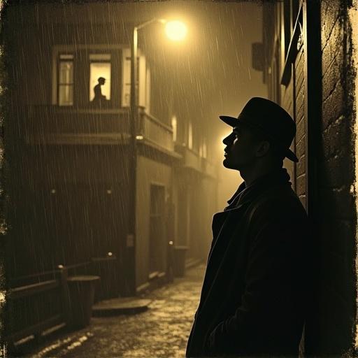 Gritty detective leans against streetlight in rain. Looking up at silhouette of woman in window. Aged sepia cinematic still with film grain. Water stained torn edges.