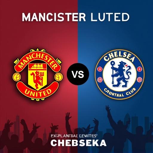 Generate ad for football match between Manchester United and Chelsea featuring team logos. Display logos with VS in between.
