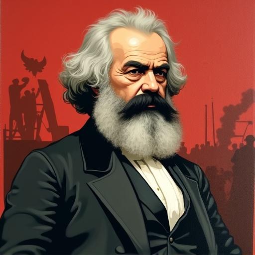 Illustration features Karl Marx in 19th-century attire. Serious expression with thick beard. Background includes subtle red tones and industrial silhouettes. Quote at the bottom about class struggles.