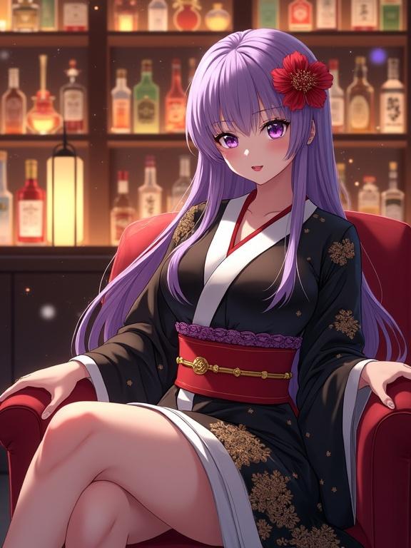 Anime-style woman with violet hair in a luxurious kimono sitting in a plush chair. Bar background with liquor bottles and warm lanterns. Gentle smile and confident posture.