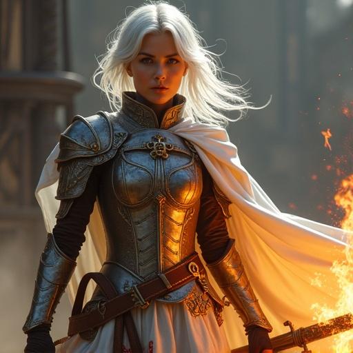 A battle sister in detailed energy armor is captured from a dynamic angle. Short white hair in a bob cut. She holds a flamethrower-like weapon releasing bright orange flames. The armor features dark metal mixed with white silver plates, with golden and red details. A white cape is visible. The background is a blurred dark industrial battlefield. Style is dynamic digital painting with light effects.