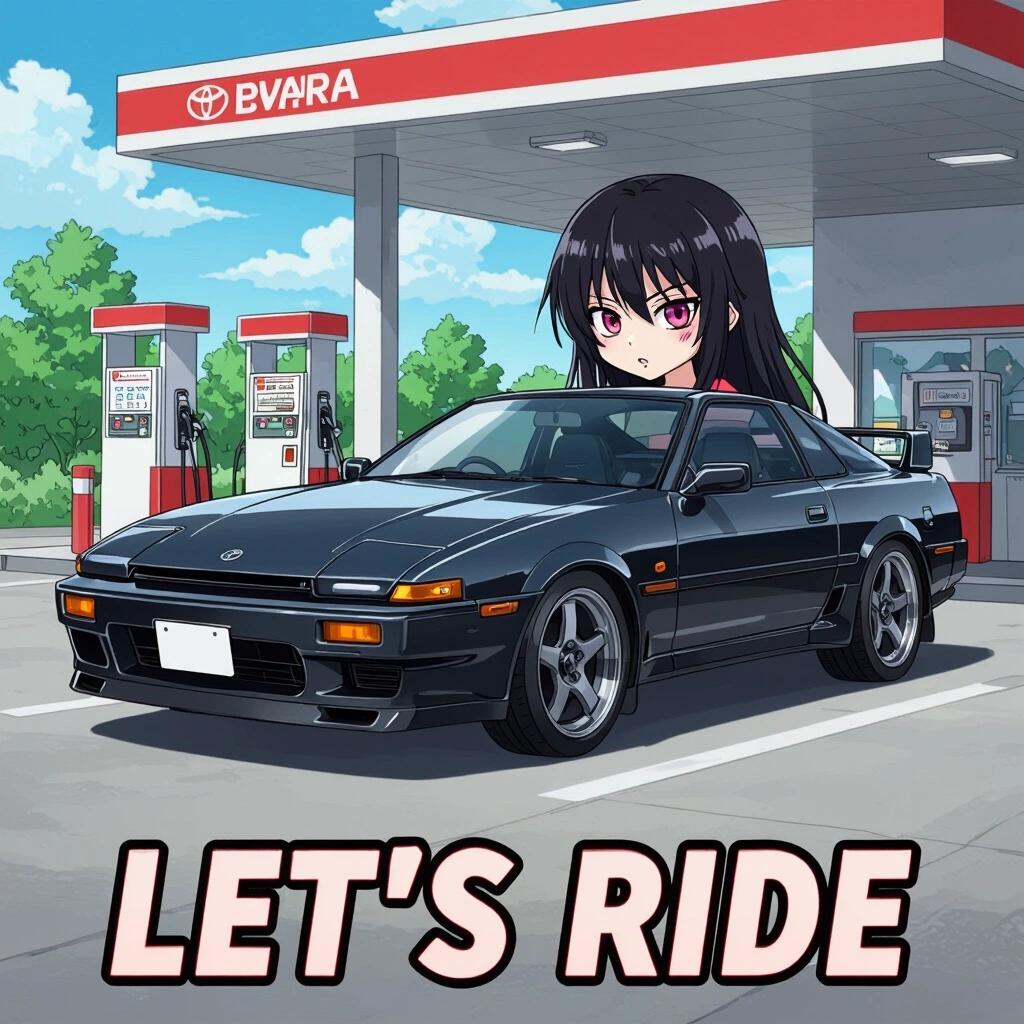 Illustration features a black Toyota MK3 Supra from the 1980s at a gas station. An anthropomorphic anime girl with a yandere expression stands beside the car. The scene includes the text LET'S RIDE prominently displayed.
