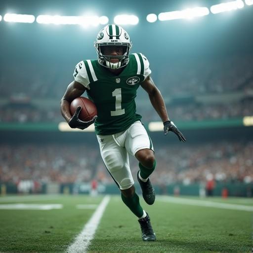 An African American male athlete wearing a New York Jets NFL jersey and helmet is sprinting down a professional football field while gripping a football tightly. The intensity and focus of the athlete are evident as he charges forward. The stadium lights blaze overhead illuminating the scene. The crowd is blurred in the background highlighting the athlete's speed. The uniform is authentic featuring gloves and cleats. The composition captures a dynamic action-packed moment with rich detail and dramatic lighting.