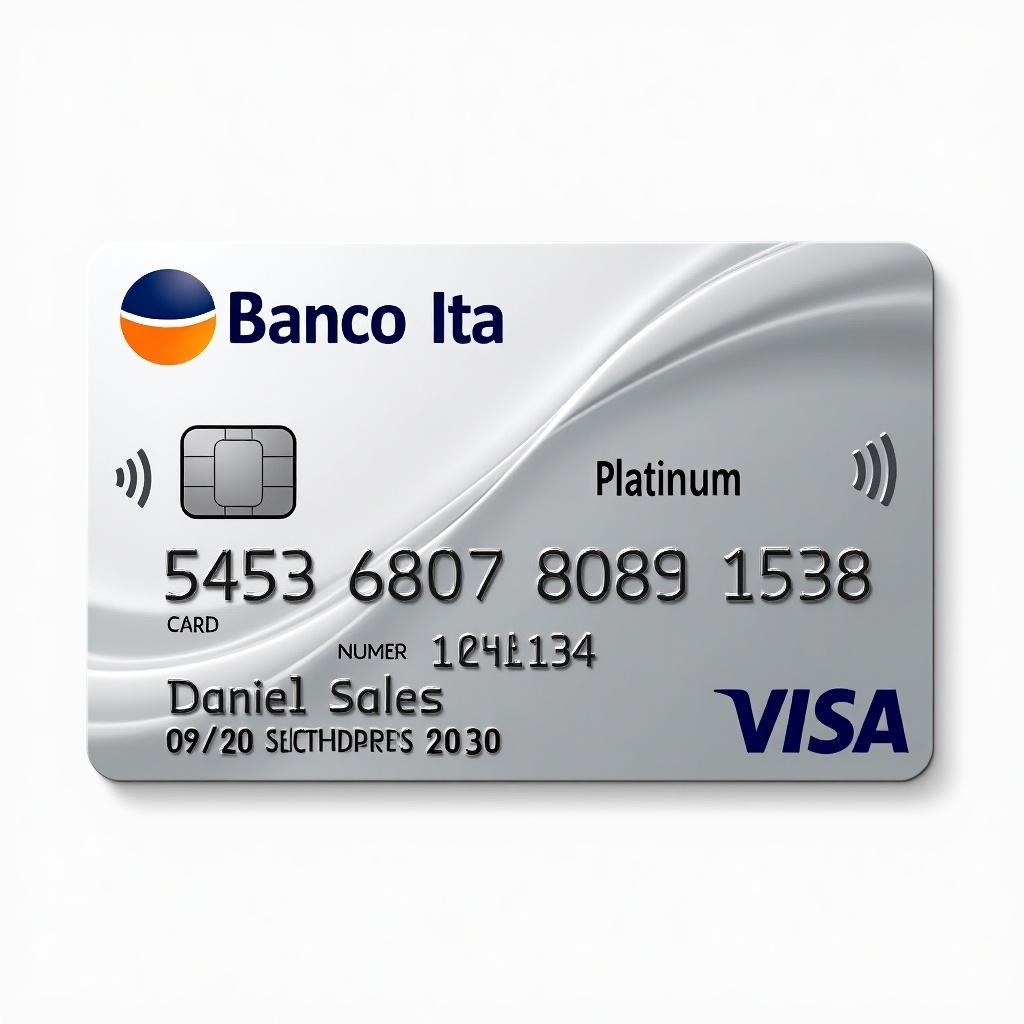 Realistic high-quality credit card design for Banco Itaú Platinum. Card displays premium design and attention to detail. Features Banco Itaú logo in blue and orange. The word 'Platinum' highlighted in elegant font. Card number centered and clear. Holder's name, Daniel Sales, right-aligned in uppercase. Expiry date in standard format. Silver metallic background for luxury appeal. Minimalist lines and high legibility. Visa logo present.