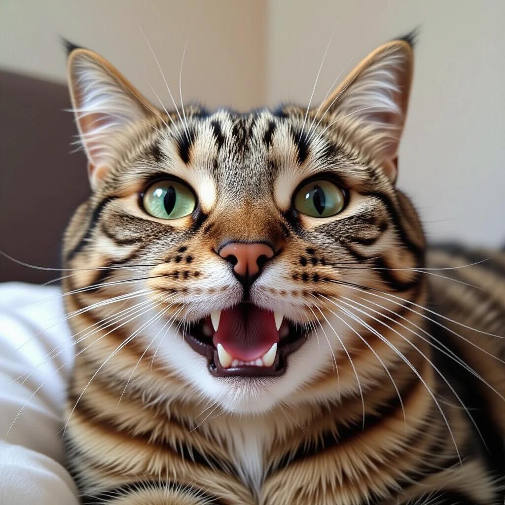 Cat resembling an intellectual with human-like teeth. Expressive face showcasing personality. Soft lighting enhances details, capturing a close-up perspective.