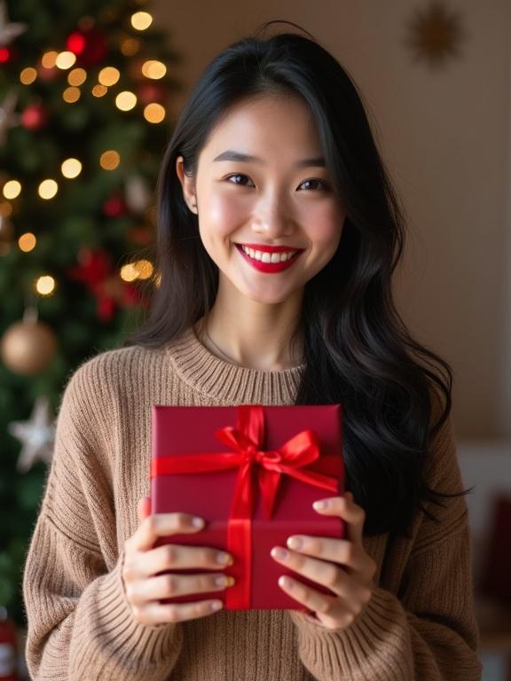 Young Asian female model holding a Christmas gift with a bright smile. Background features a decorated Christmas tree. Warm lighting enhances the festive mood.  Full-body view of the model.